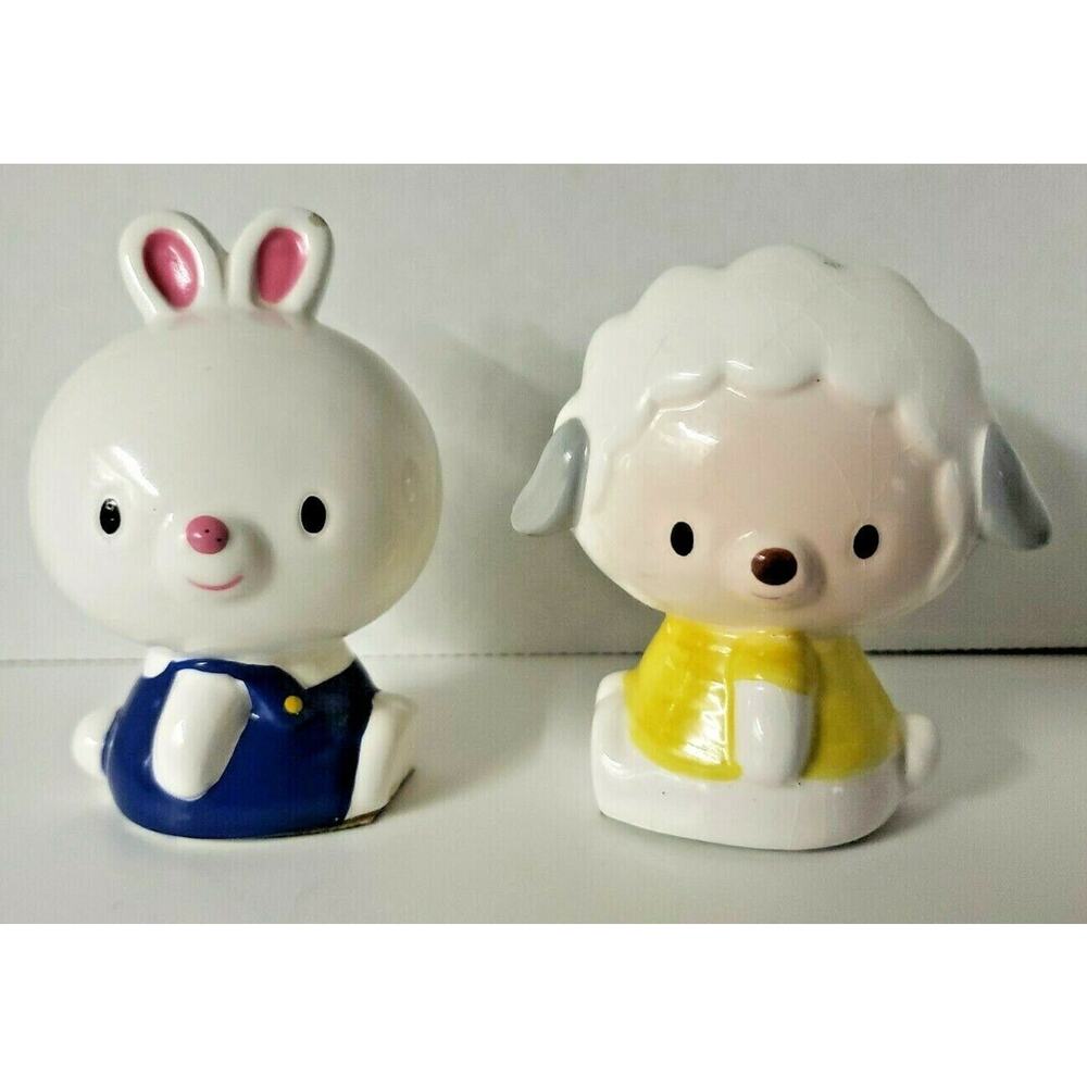 Anthropomorphic Vintage Enesco Statues 1984 Bunny Blue bibs & Lamb Yellow Dress